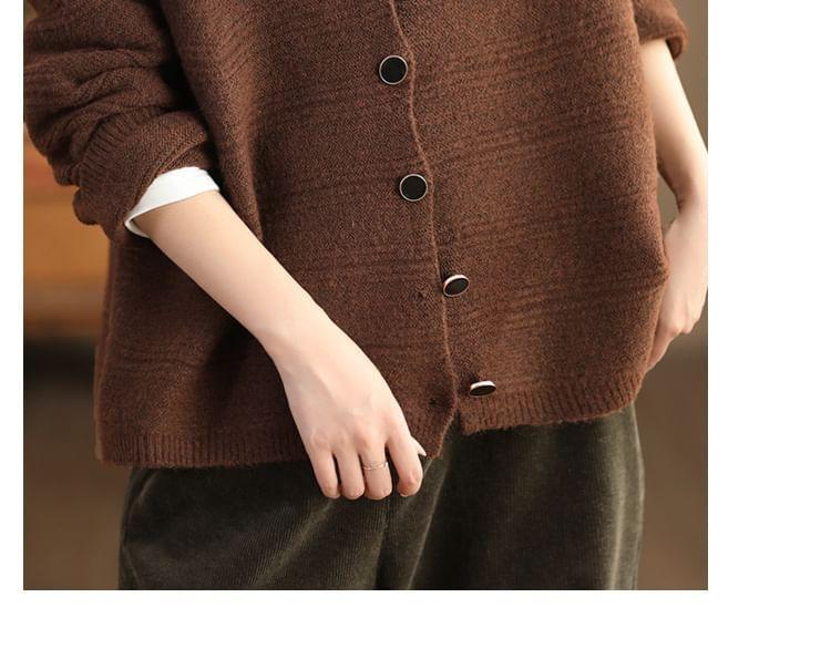 Round Neck Plain Ribbed Knit Button Cardigan Product Image