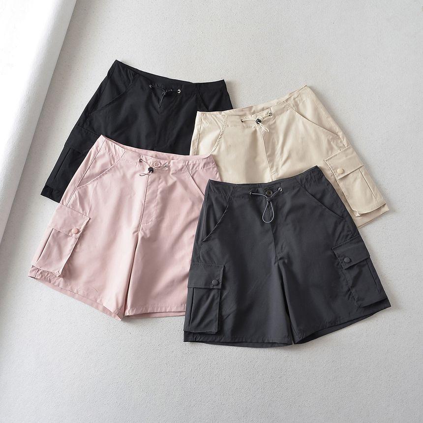 Drawstring Waist Plain Cargo Shorts Product Image