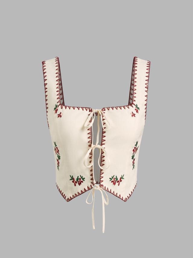 Cotton-blend Square Neck Floral Embroidery Tie Front Bow Crop Cami Top Product Image