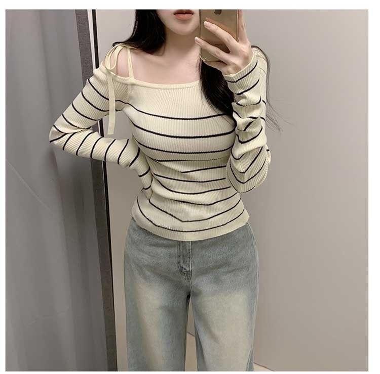 Cold-Shoulder Striped Ribbed Sweater Product Image