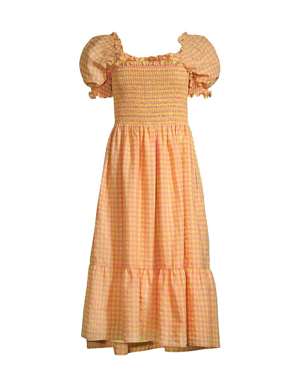 Womens Smocked Gingham-Printed Midi-Dress Product Image