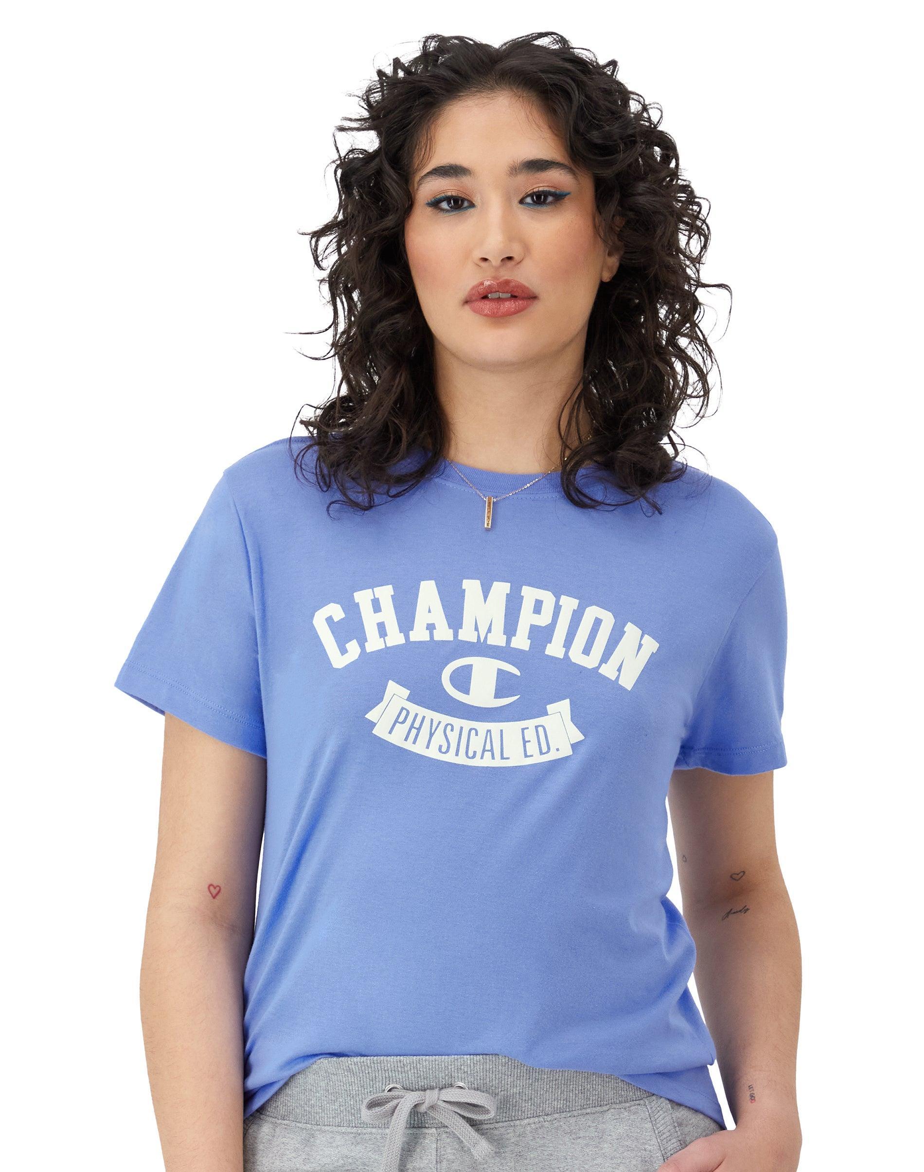 Womens Champion T-Shirt, Phys. Ed Graphic Plaster Blue XL Product Image