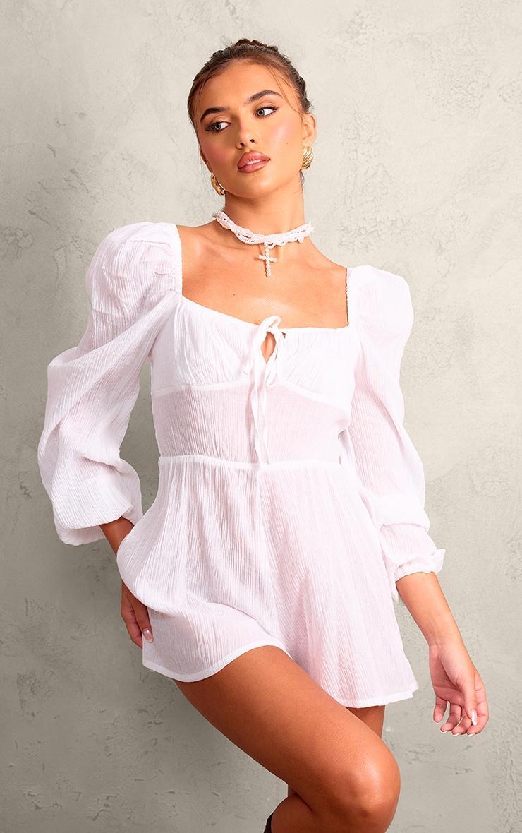 White Tie Front Textured Romper Product Image