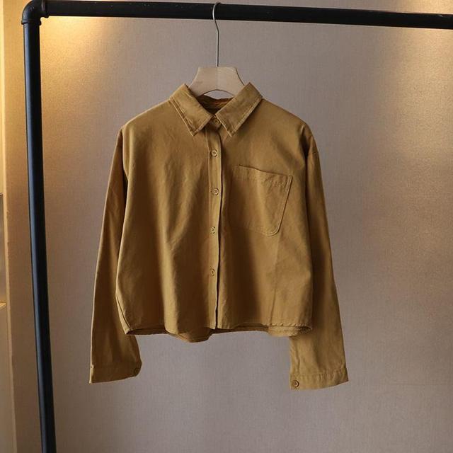 Long-Sleeve Plain Button-Up Crop Shirt Product Image