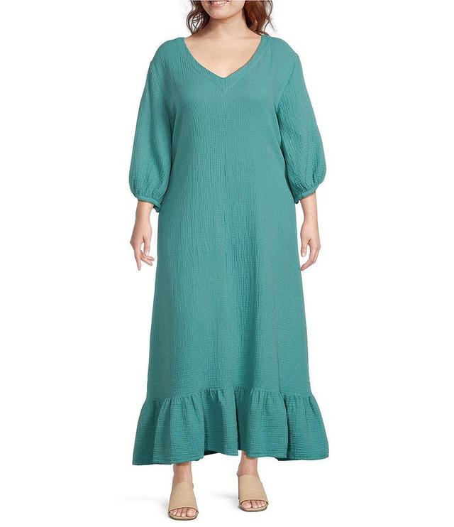 Bryn Walker Plus Size Lana Cotton Gauze V-Neck 3/4 Sleeve Ruffle Hem Shift Dress Product Image