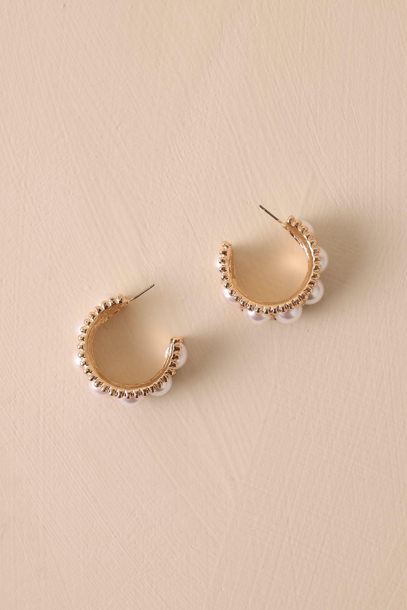 Sunshine Swoop Gold & Ivory Pearl Hoop Earrings Product Image