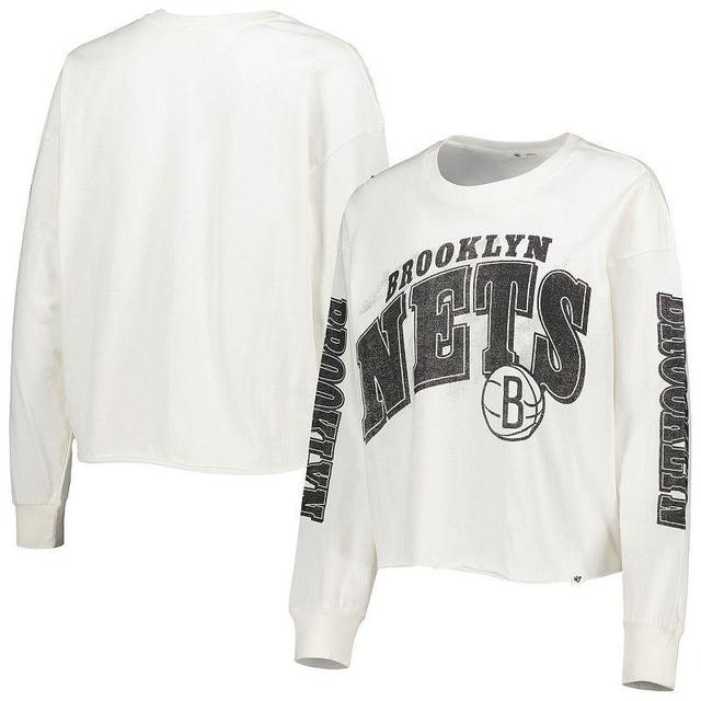 Womens 47 Cream Brooklyn Nets Parkway Brush Back Long Sleeve Cropped T-Shirt Product Image