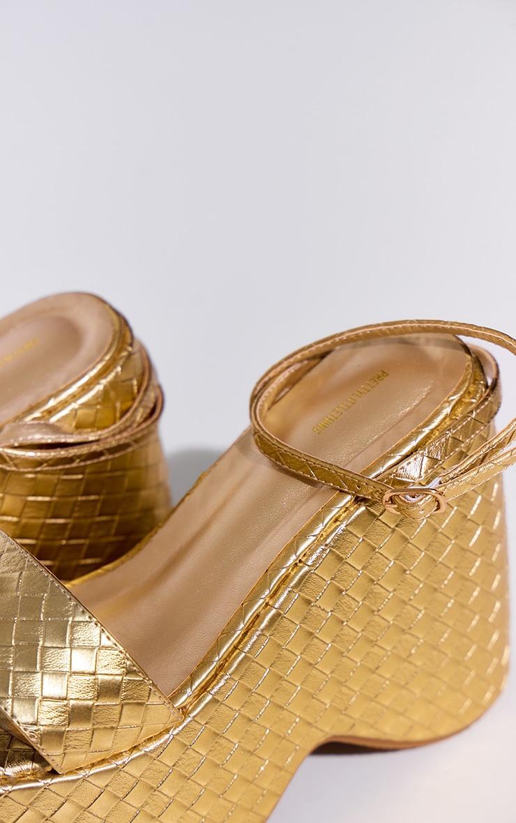 Gold PU Round Toe Woven Wedge Platform Sandals Product Image