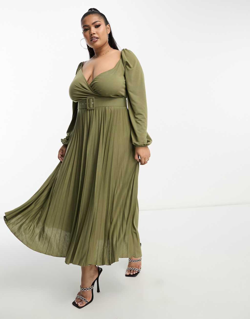 ASOS DESIGN Curve wrap front midi dress with pleat skirt and belt in khaki  Product Image