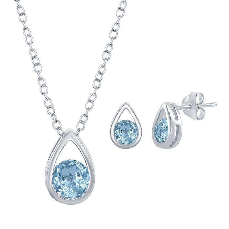 Sterling Silver Gemstone Teardrop Pendant & Stud Earring Set, Womens Blue Topaz Product Image