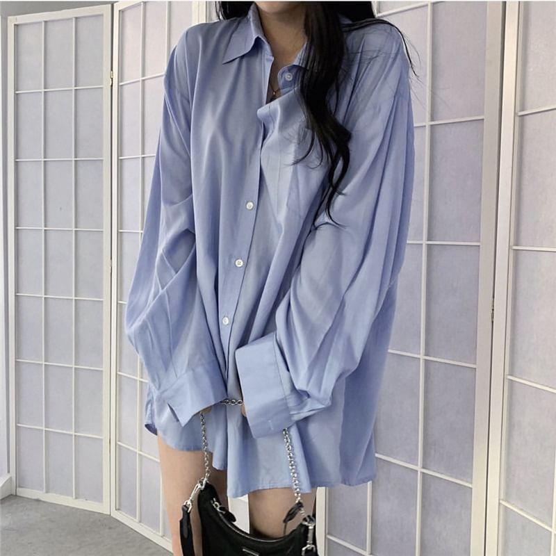 Long-Sleeve Plain Pocket Detail Oversized Shirt Product Image