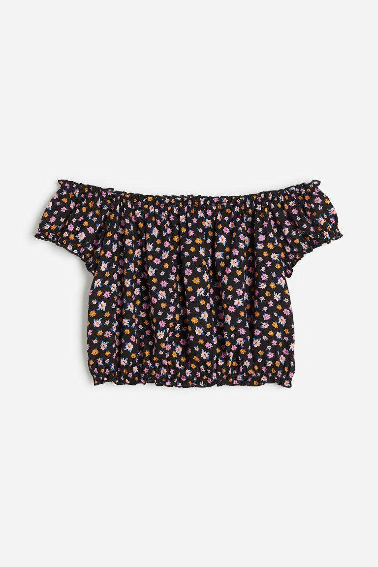 H & M - Ruffle-trimmed Off-the-shoulder Blouse - Black Product Image