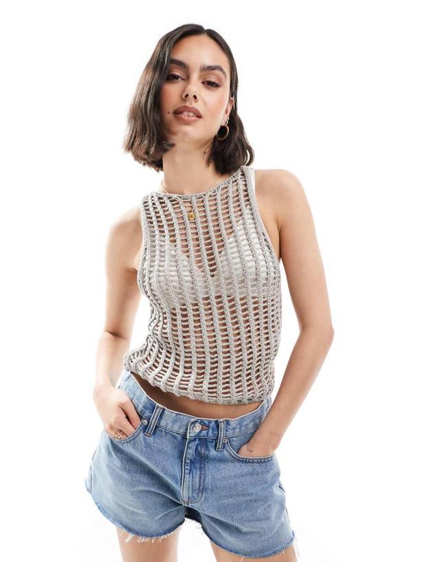 Pull&Bear open knit textured tank top in beige Product Image