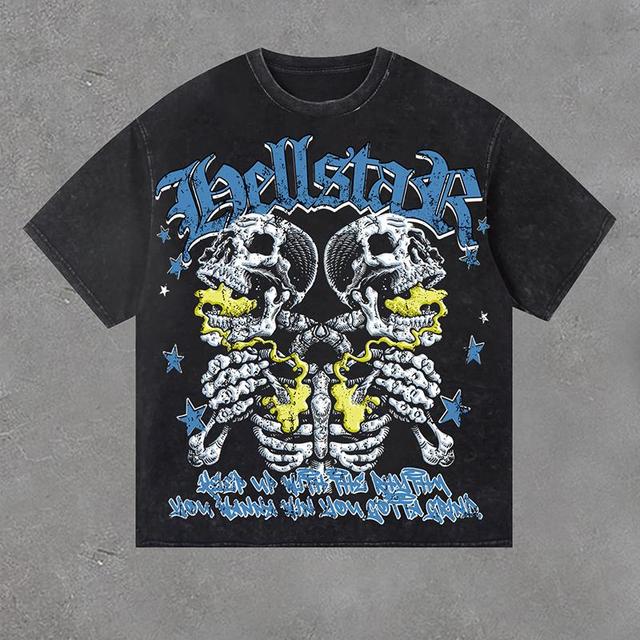 Vintage Hellstar Flame Skeleton Star Print Acid Washed T-Shirt Product Image