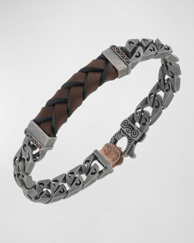 Mens Flaming Tongue Leather Chain Bracelet with Orange Sapphires, Oxidized Silver Product Image