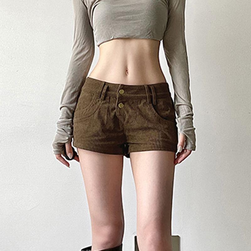 Low Waist Leopard Furry Panel Corduroy Slim-Fit Mini Shorts Product Image