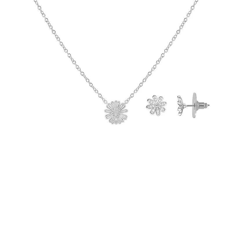 Emberly Silver Tone Cubic Zirconia Flower Stud Earrings & Necklace Set, Womens, Grey Product Image