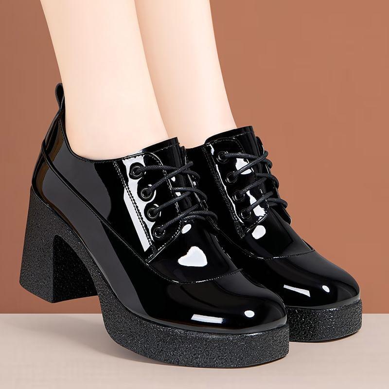 Block Heel Patent Lace-Up Shoes Product Image