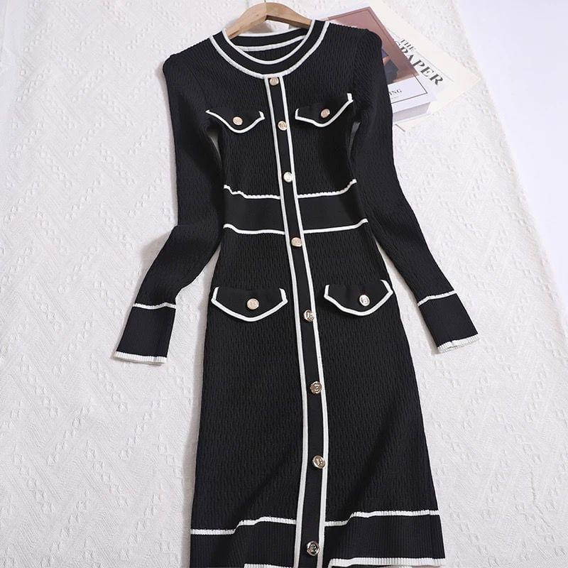 Long-Sleeve Striped Knit Midi Sheath Dress Product Image