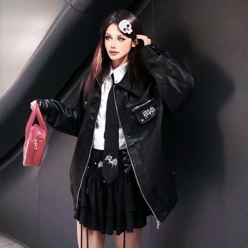 Lapel Collar Lettering Embroidered Faux Leather Zip Jacket Product Image