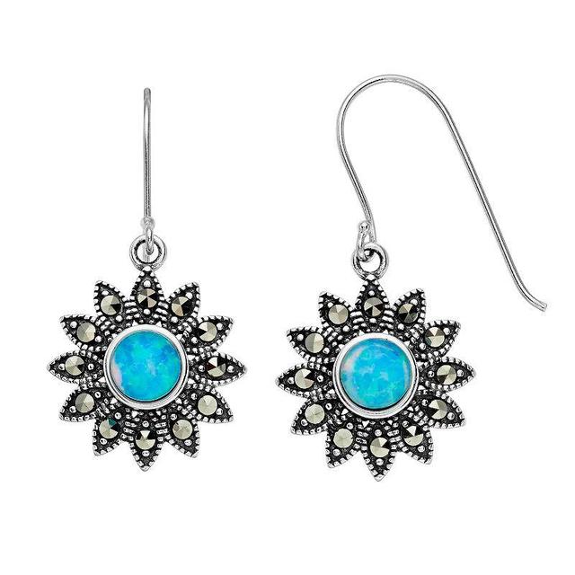 Tori Hill Sterling Silver Marcasaite & Simulated Blue Opal Flower Drop Earrings, Womens Product Image