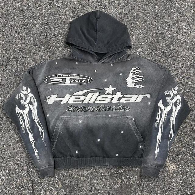 Vintage Hellstar Graphic Gray Acid Washed Pullover Hoodie Product Image