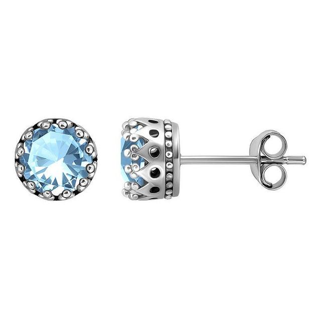 Aleure Precioso Sterling Silver Round Crown Set Stud Earrings, Womens, Blue Topaz Product Image