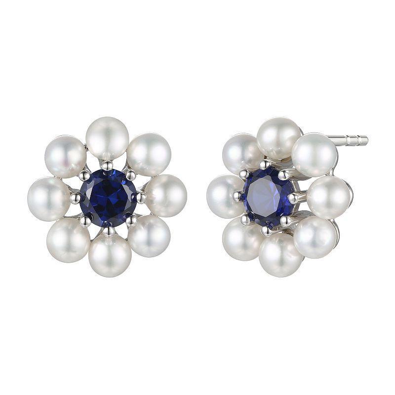 Sterling Silver Freshwater Cultured Pearl & Lab-Created Blue Sapphire Earrings, Womens Product Image