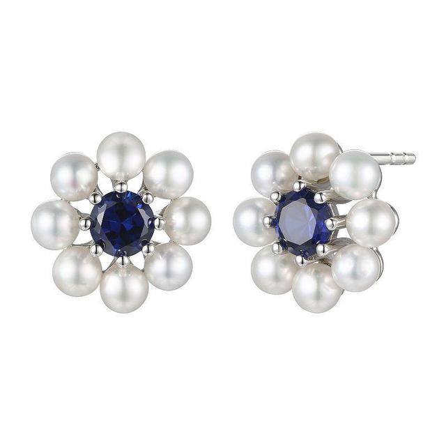 Sterling Silver Freshwater Cultured Pearl & Lab-Created Blue Sapphire Earrings, Womens Product Image