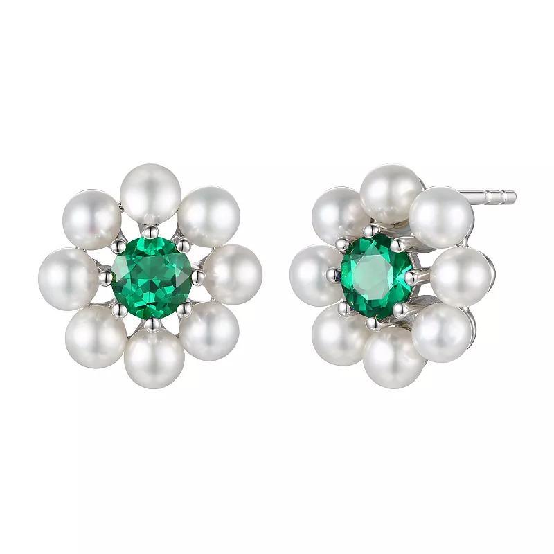 Sterling Silver Freshwater Cultured Pearl & Lab-Created Emerald Stud Earrings, Womens, Green Product Image