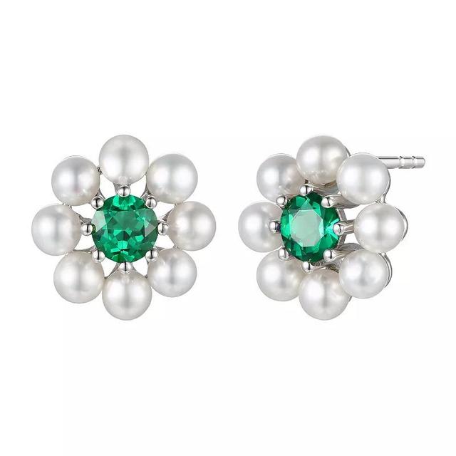 Sterling Silver Freshwater Cultured Pearl & Lab-Created Emerald Stud Earrings, Womens Product Image