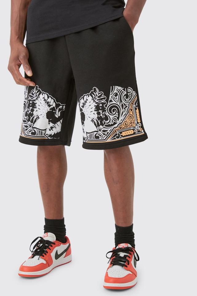 Relaxed Long Length Large Graphic Shorts | boohooMAN USA Product Image