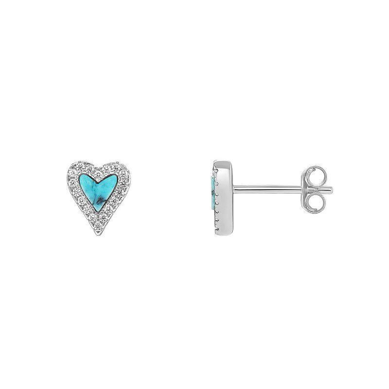 PRIMROSE Sterling Silver Pave Cubic Zirconia Turquoise Heart Stud Earrings, Womens, Sterling Turquoise Product Image