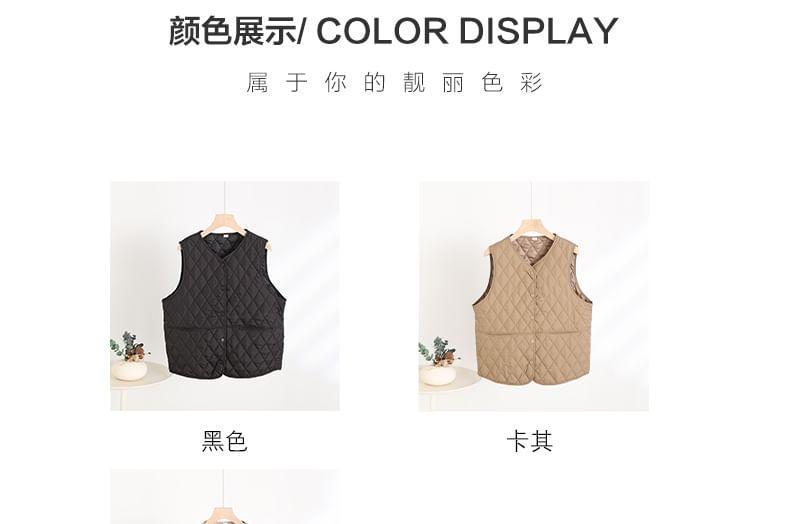 V-Neck Plain Quilted Button-Up Vest Product Image