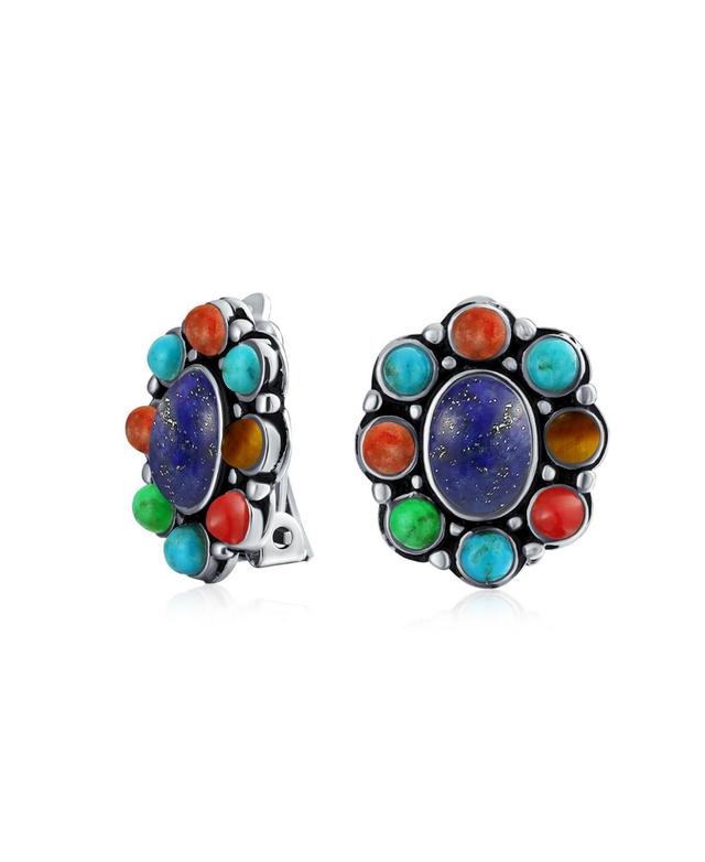 Bling Jewelry Southwestern Lapis Blue Turquoise Multicolor Cabochon Oval Large Gemstones Western Concho Clip On Earrings For Women Non Pierced Ears St Product Image