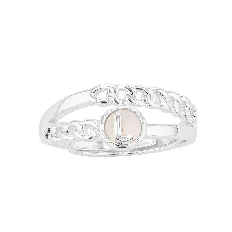 City Luxe Silver Tone Mother-of-Pearl Initial Disk Chain Band Ring, Womens, Silver Tone C Product Image