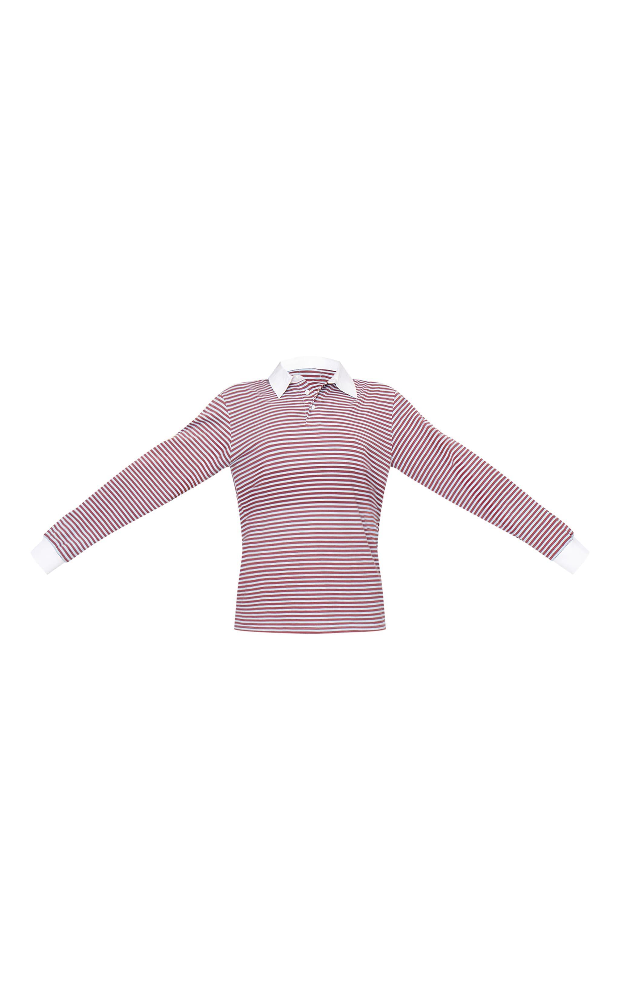 Burgundy Striped Collared Oversized Long Sleeve T Shirt Product Image