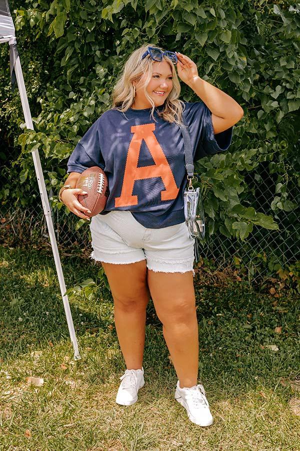 School Pride A Embroidered Short Sleeve Sweatshirt in Navy Curves Product Image