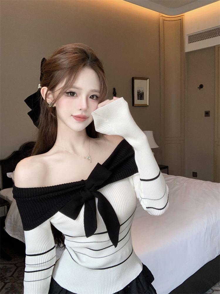 Long-Sleeve Off-Shoulder Striped Bow Accent Slim Fit Knit Top Product Image