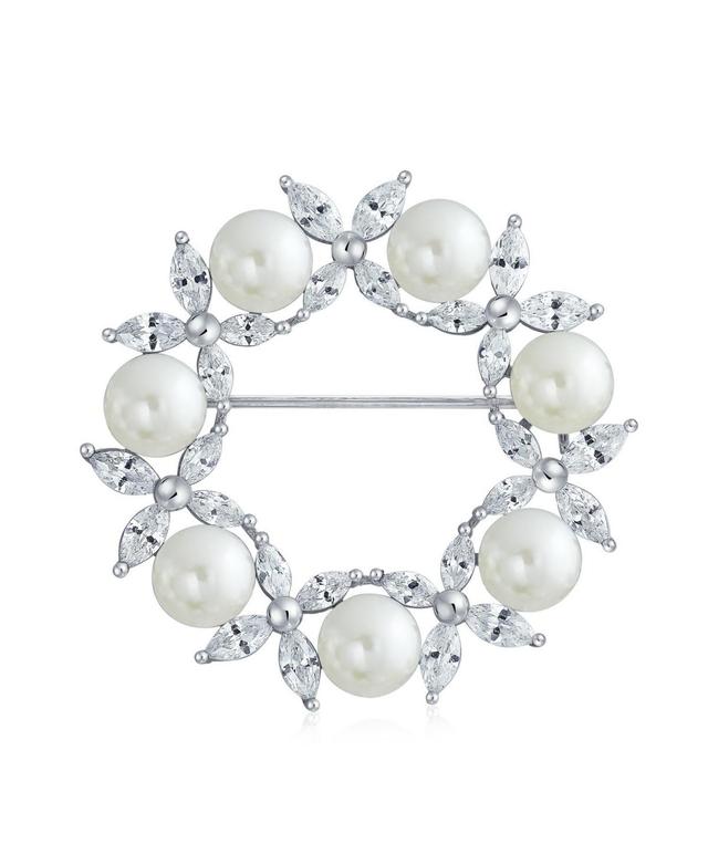 Bling Jewelry Elegant Holiday Marquise Cz Cubic Zirconia Round 8MM White Simulated Pearl Wreath Circle Scarf Brooch Pin For Women Product Image