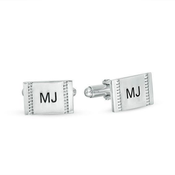 Men's Beaded Double Stripe Engravable Rectangle Cuff Links in Sterling Silver (1 Line) Product Image