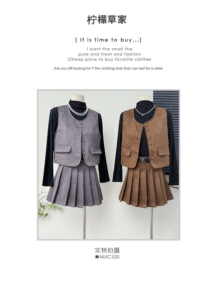 Set: Faux-Suede Vest + Pleated Mini Skirt + High-Neck T-Shirt with Belt Product Image