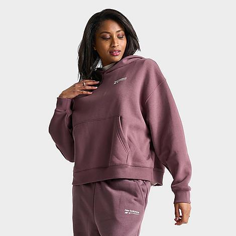 New Balance Womens Linear Heritage Brushed Back Fleece Hoodie - Maroon/Maroon Product Image