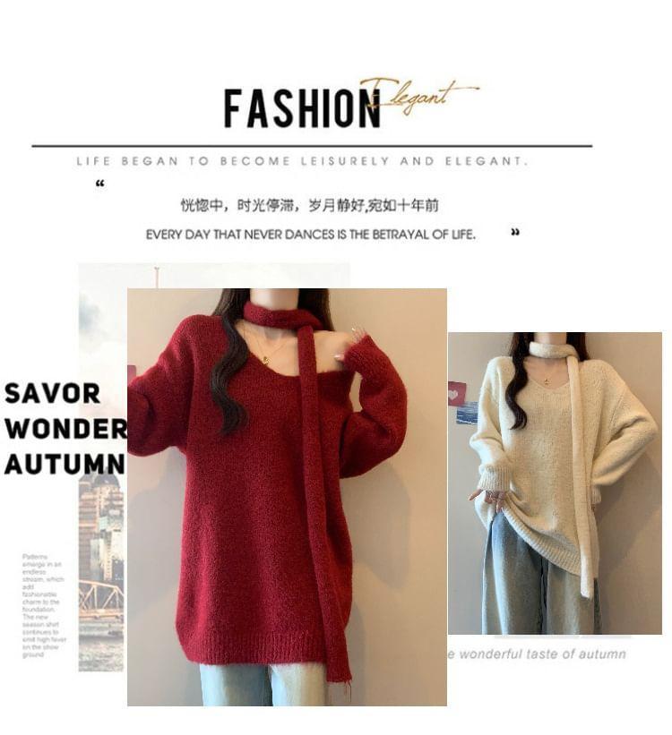 Set: Long-Sleeve V-Neck Plain Sweater + Scarf Product Image