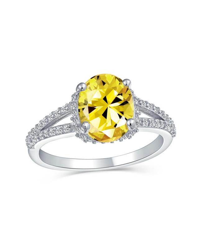 Classic Traditional Canary Yellow 3CT Aaa Cz Brilliant Cut Solitaire Oval Engagement Ring For Women With Split Shank Thin Band .925 Sterling Silver - Product Image