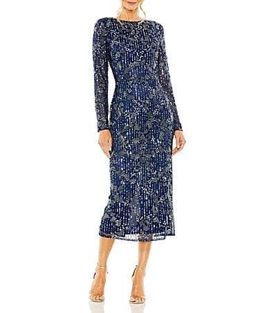 Womens Beaded Long-Sleeve Midi-Dress Product Image