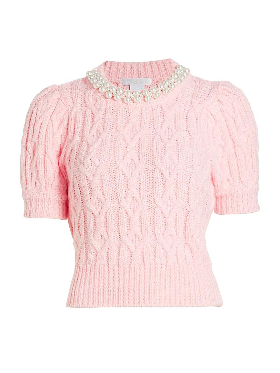 Womens Faux Pearl Cable-Knit Short-Sleeve Sweater Product Image