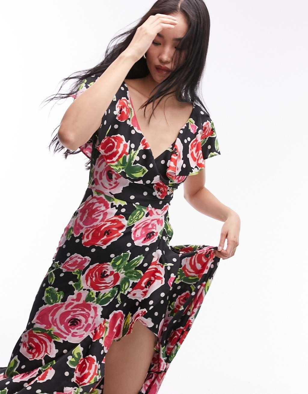 Topshop frill wrap maxi dress in red rose print Product Image