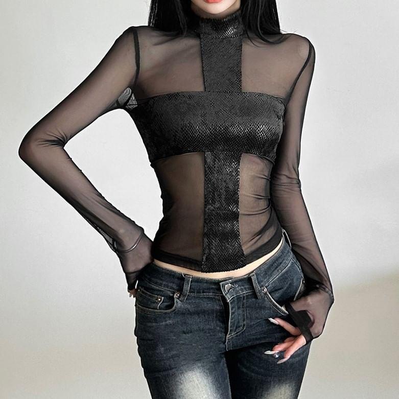 Long-Sleeve Mock Neck Mesh Crop Top Product Image