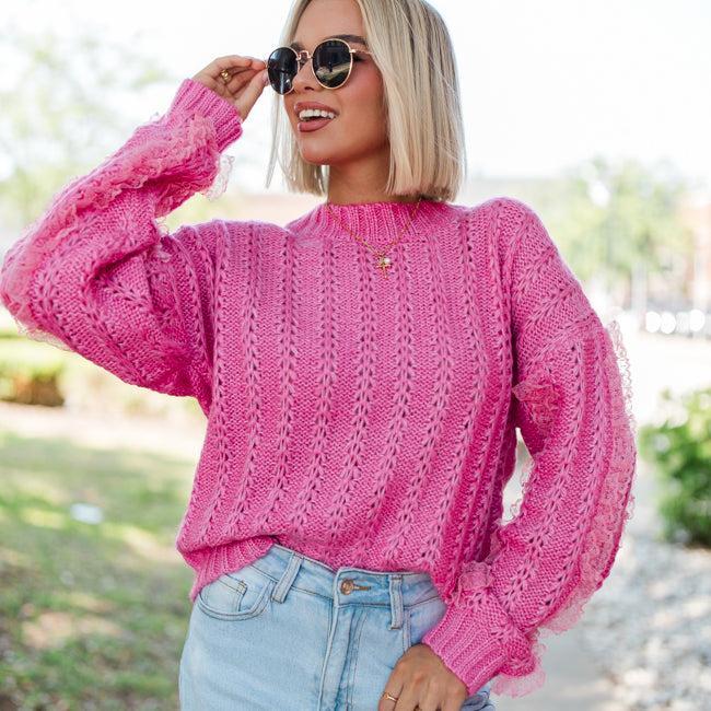 Beauty Within Pink Lace Sleeve Sweater Product Image